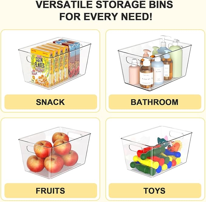 12 Pack Large Clear Plastic Storage Bins, Refrigerator Cabinet Organizers with Handles for Pantry Organization and storage, Perfect for Home Organization, Kitchen, Laundry, Office& Garage