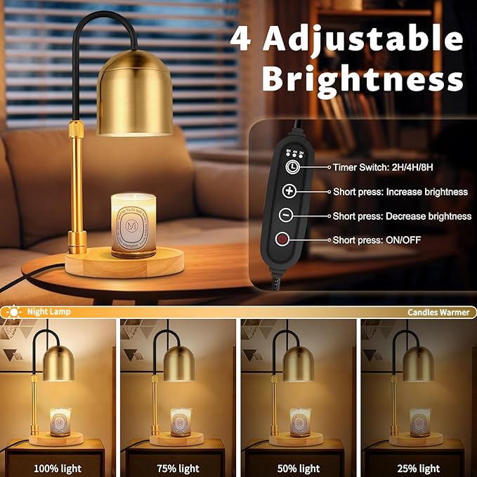 Candle Warmer Lamp Dimmable with Timer and 3 Bulbs, Adjustable Height & Brightness, Electric Candle Wax Warmer for Jar Candles, House Warming Gifts New Home Decor (Round Gold)