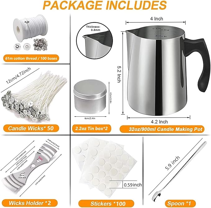 Yiodauh Candle Making Kit Complete Candle Making Kit Stainless Steel Pouring Jar Wicks Stickers and Holders for DIY Crafts and Gifts(900ml kit)