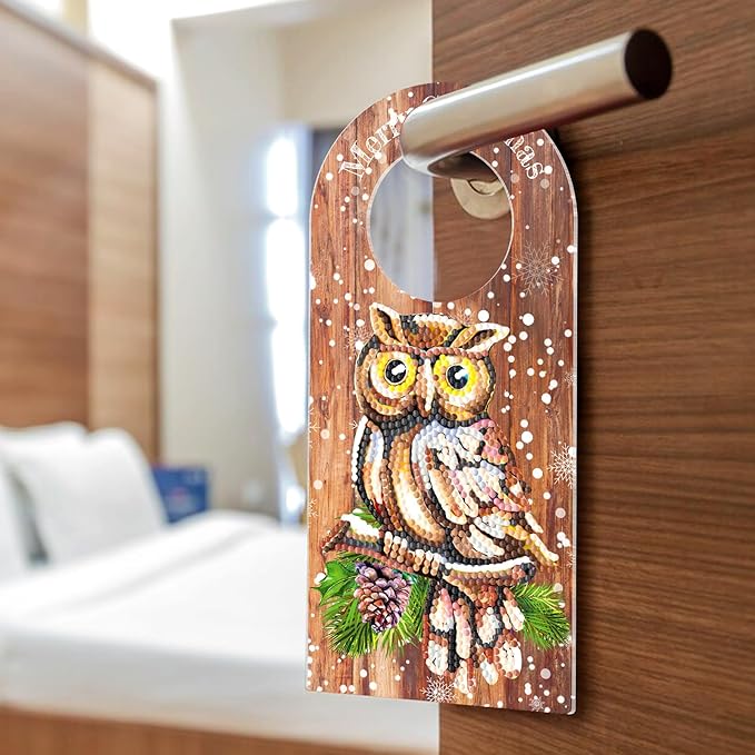 Owl Diamond Art Painting Christmas Door Knob Hanger Signs DIY Kits 5D Diamond Art Wood Christmas Door Handle Hanging Ornaments Special Shaped Rhinestones Paint by Number Stitch Room Front Door Decor