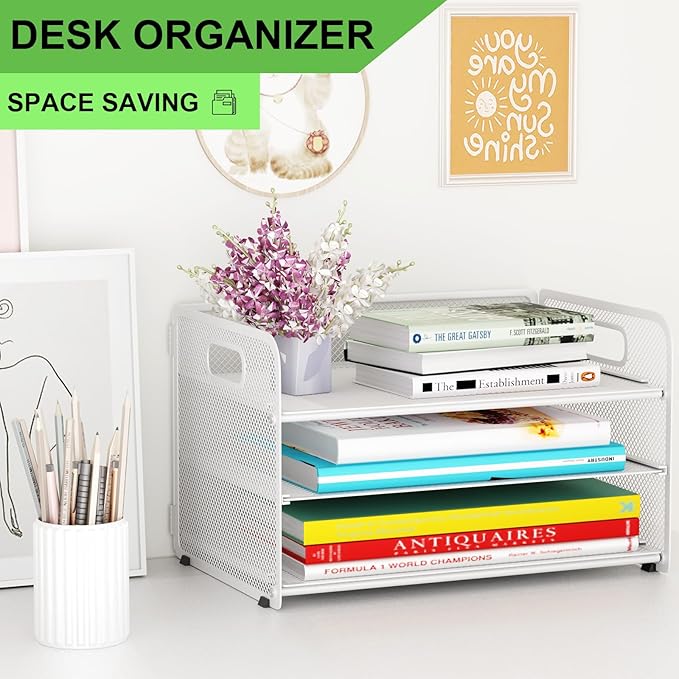 3 Tier Paper Letter Tray Organizer for Desk, Mesh File Folder Document Organizer with Handle for Home Office Supplies Desktop Accessories, White