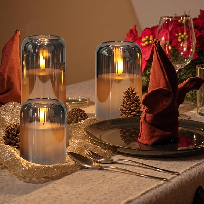 Glass Flameless Candles, Striped Glass Flameless Candles with Remote, Set of 3 Battery Operated Candles with Flickering 3D Wick, LED Pillar Candle for Home Halloween Decor(Grey, D3”xH4”5”6”)