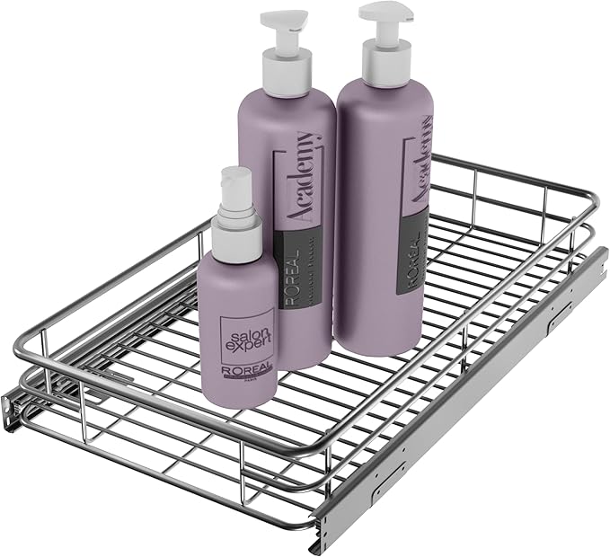 JOWBOOW Sliding Cabinet Organizer Pull Out Shelves (11.7" W x 21" D), Heavy-Duty Slide Out Shelf, Steel Metal Cabinet Roll Out Shelves for Kitchen Bathroom, Chrome