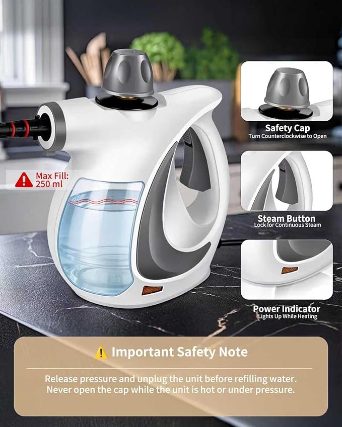 Pressurized Handheld Steam Cleaner for home with 12pcs Accessories & Safety Lock – Multi-Surface Natural Deep Steamer for Cleaning Car, Furniture, Floor, Upholstery, Tile, Grout, Windows(dark gray)