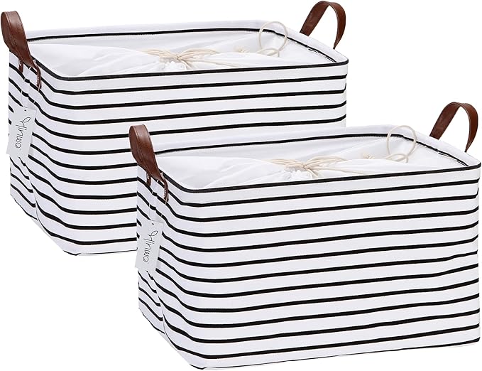 Hinwo 2-Pack Large Canvas Fabric Storage Baskets with Handles, 31L Rectangle Storage Bins, Collapsible Storage Box, Clothes, Toys, Blankets Organizers, 16.5 x 11.8 x 9.8 inches, (Black Stripe)