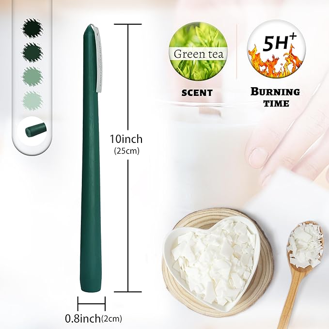 Dripless Handmade Gradient Green Taper Candles Green Tea Scented Long Lasting Smokeless Aromatherapy Candles 10 Inch Elegant Tall Candlesticks for Home Décor Wedding Gift