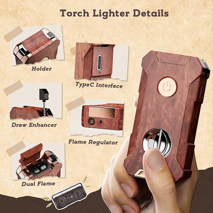 5-in-1 Torch Lighter with Tool, Holder, Punch, Draw Enhancer Tool, Double Jet Flame, Windproof Rechargeable Lighters, Versatile Gifts for Men, Refillable Butane Lighter for Candles, Travel