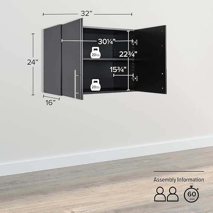 Prepac Elite 32” 2-Door Storage Cabinet, Wall Mounted Laundry, Kitchen & Garage Storage Cabinet with Adjustable Shelf, 32”W x 24”H x 16”D, Black