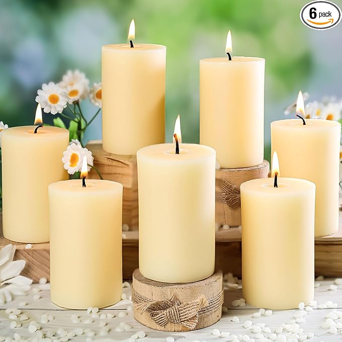 6 Pack Beeswax Pillar Candles,Ivory White Beeswax Candles-180 Hours Long Burning,Unscented Bees Wax Candles for Home,Prayer,Emergency,Dripless Smokeless Organic Pillar Candles 2x3in