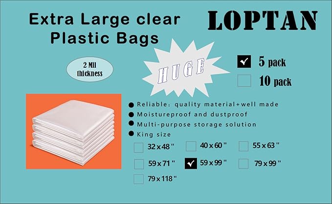 Giant Storage Bags 59 x 99 inches Huge Clear Plastic Bags Perfect for Garage, Furniture, Luggage, Home Appliances, Kids Toys, Equipments, Industry or Agriculture Use and More (5 pack)