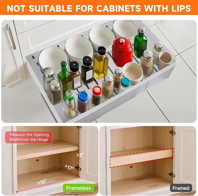 Pull out Cabinet Organizer 2 Pack,Adjustable Width (14"-19") and Depth (17"-24"),No Drill Slide out Drawers for Kitchen,Pantry,Adhesive Roll out Shelves,for Cabinets Without Lip,White