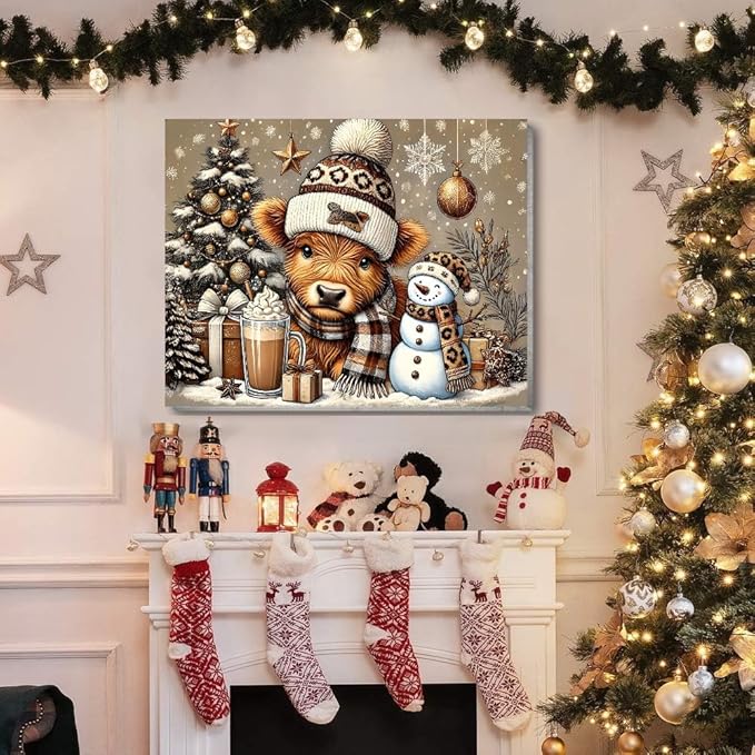 TCDZMYGS Christmas Paint by Numbers Kit for Adults Beginner,Highland Cow Paint by Number Kits with Frame,DIY Acrylic Oil Painting by Numbers for Home Wall Decor 9.5 x 11.8 inch