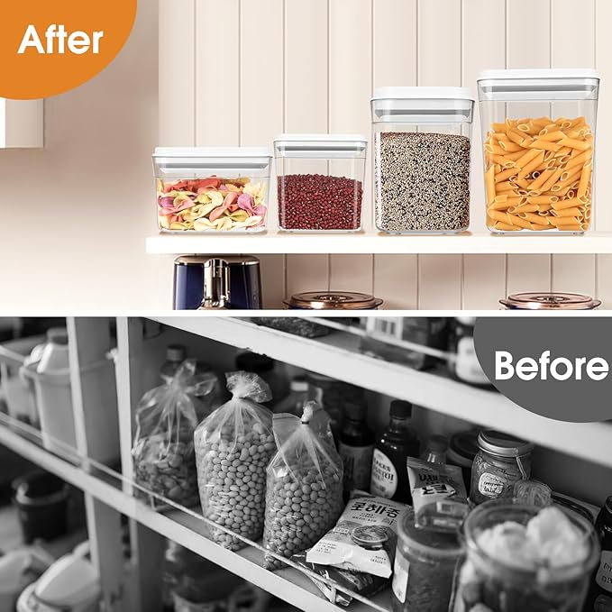Airtight Food Storage Containers Set with Lids, Top Pop Cereal Container with One Button Control, BPA-Free Stackable Food Containers for Cereal Snack Coffee Sugar (4 Pack-2.3Qt, 1.7Qt, 1.0Qt, 0.7Qt)
