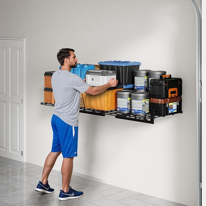 FLEXIMOUNTS 2x4ft Garage Shelving Wall-Mounted, 1-Pack Heavy-Duty Wall Shelving, Holds Up to 200 lbs, Garage Storage Rack for Organization & Storage Bins, Black, Classic Series