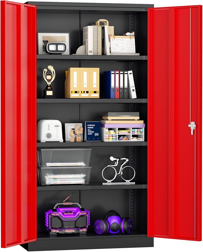 Superday Metal Storage Cabinets, 72" Storage Cabinet with Locking Door, Tall Garage Cabinet with 2 Doors and 4 Adjustable Shelves for Home Office, Classroom, Easy Assemble(Black Red)