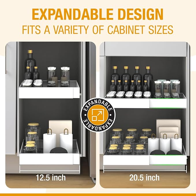 Expandable Pull Out Drawers for Cabinets (White): Kitchen and Pantry Organizer, Sliding Cabinet Organizer with Adhesive, Under Sink and Pots Storage, 12.5"-20.5". Adjustable Shelf Solution