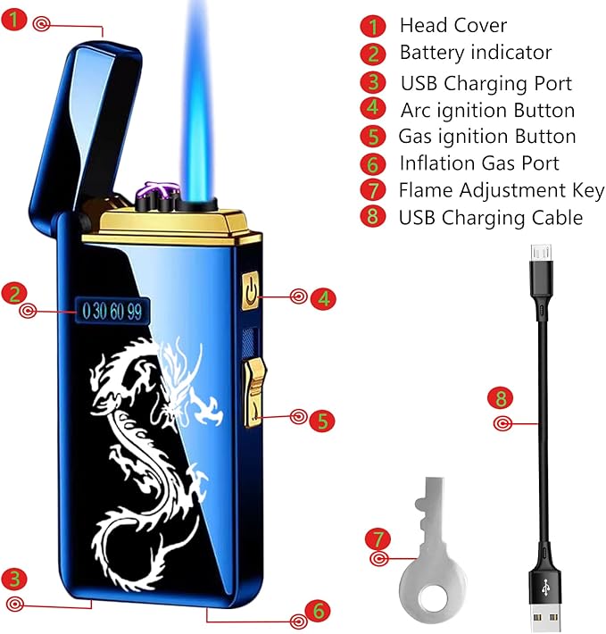 Arc Jet Flame Torch Lighter - 2 in 1 Electronic Refillable Butane, USB Rechargeable With Battery Indicator, Windproof Infinity Electric Cycle Charge (Rainbow Dragon)