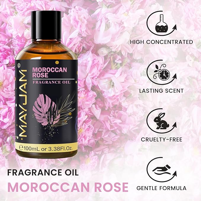 Moroccan Rose Fragrance Oil Essential Oil, MAYJAM 3.38FL.OZ Moroccan Rose Oil for Diffusers for Home, Long Lasting Scented Oils for Soap Candle Making - 100ML