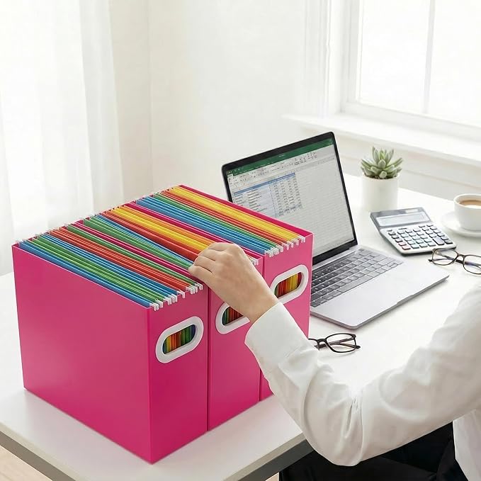 Hanging File Organizer Box, 3 Pack Pink Cardboard File Folder Holder for Letter Size, Portable Desk Document Storage with Handles, for Office,Home,School