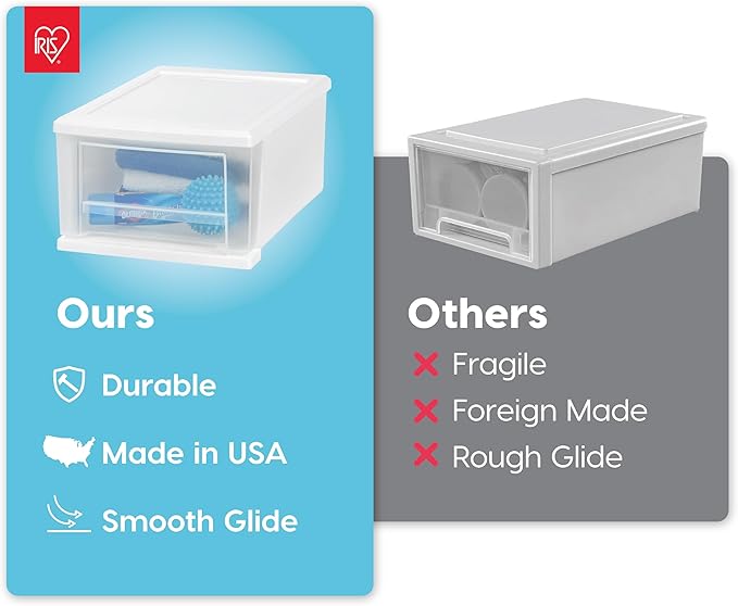 IRIS USA 7 Qt. Small Plastic Stacking Drawer, Stackable Storage Organizer Unit with Sliding Drawer for Bedroom Kitchen Under Sink Pantry Craft Room Dorm Office, White, 4-Pack