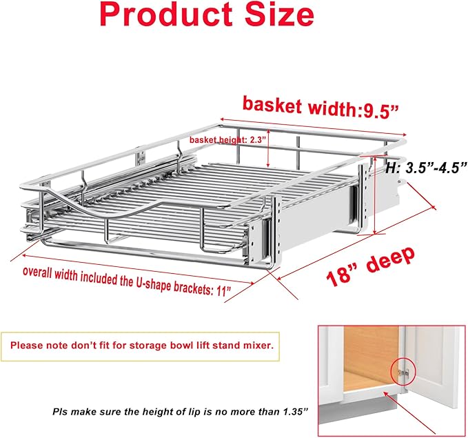 DINDON Pull Out Cabinet Organizer (11" W x 18" D), Pull Out Drawers for Kitchen Cabinets, Slide Out Cabinets Shelves,1 Tier Pull Out Cabinet Drawer Organization for Kitchen