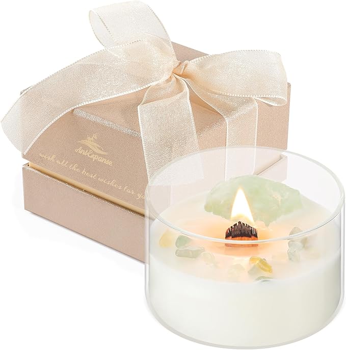 Premium Vanilla Scented Soy Candles with Wood Wick & Healing Crystals Inside, 55-Hour Non-Toxic Aromatherapy Home Scented Candle Gifts for Women, Mom, Birthday, Meditation, Spa (7oz)
