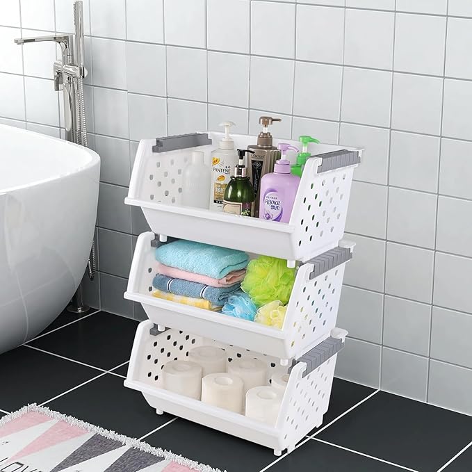 Set of 4 Plastic Stackable Storage Baskets, Stackable Organizer Bins for Kitchen, Pantry and Bathroom, White
