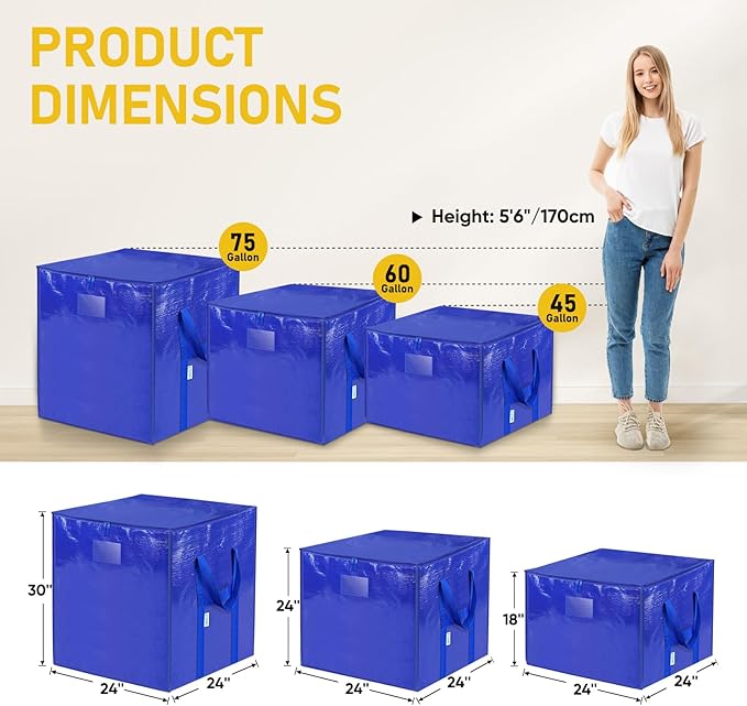 TICONN 4 Pack Extra Large Moving Bags with Zippers & Carrying Handles, Heavy-Duty Storage Tote Moving Boxes for Space Saving (4 PK, 75 Gallon)