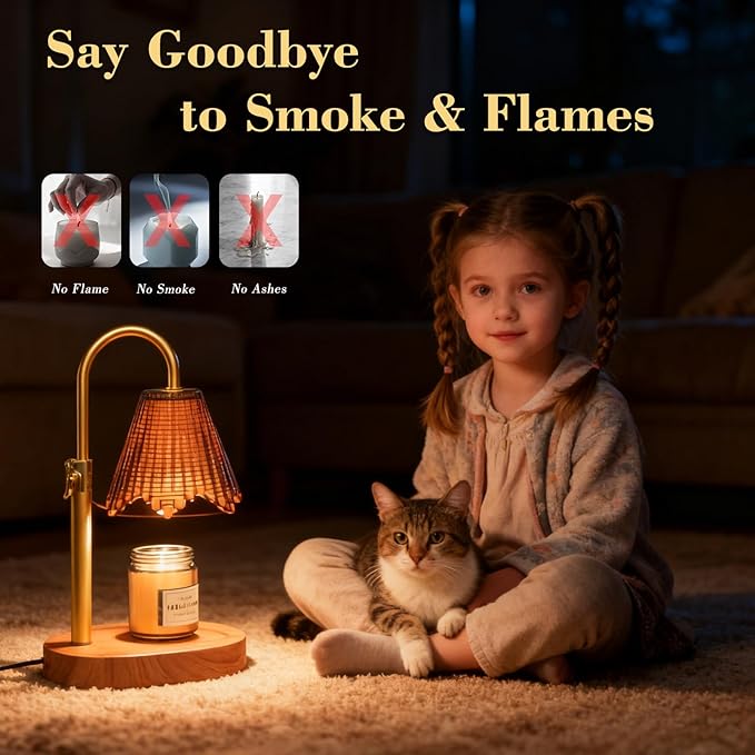 Candle Warmer Lamp with Adjustable Height - Flameless 4-Level Dimmable Wax Warmer with Colorful Glass Shade & Wooden Base, Timer Function & Stylish Design in Multiple Colors (Brown2)