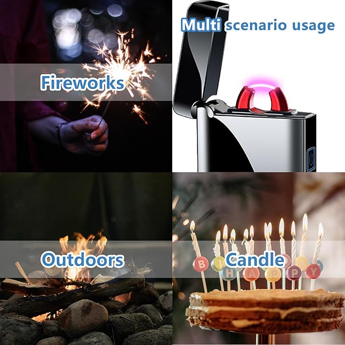 Electric Lighter USB Type-C Rechargeable Plasma Arc Lighter, High Power Flame Torch Lighter Windproof with LED Battery Indication Candle, Incense, Camping Gifts (Ice Black, 220mAh)