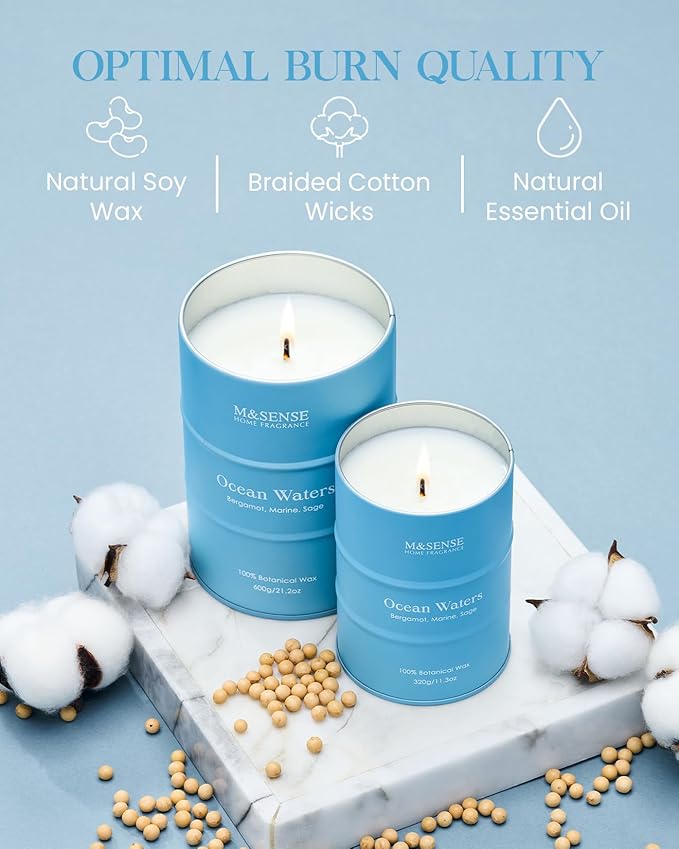 M&SENSE Ocean Waters Scented Candles Summer Soy Candle,Beach Candle for Stress Relief Meditation Relaxing, Housewarming Gifts for Women Men, 11.3oz 70 Hour Long Burning