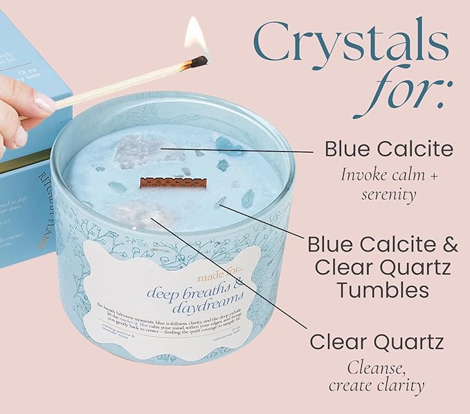 Blue Crystal Candle for Women – 12oz Large Luxury Soy Wax with Crackling Wood Wick, Slow Burn Meditation with Healing Crystals, Birthday or Mother’s Day Gift