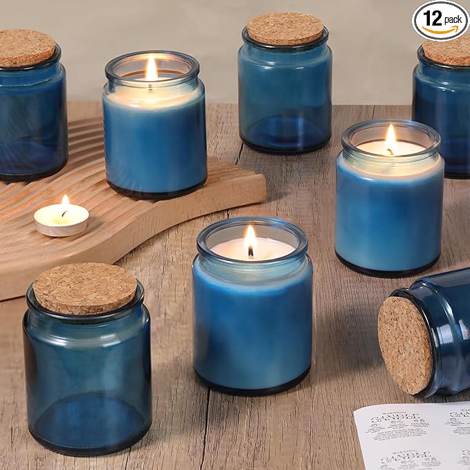 Lanttu 12 Pack Blue Candle Jars for Making Candles, 7.5oz Glass Jars with Wooden Lids and Labels, Candle Making Supplies Candle Containers for Home DIY, Gifts, Table Decor