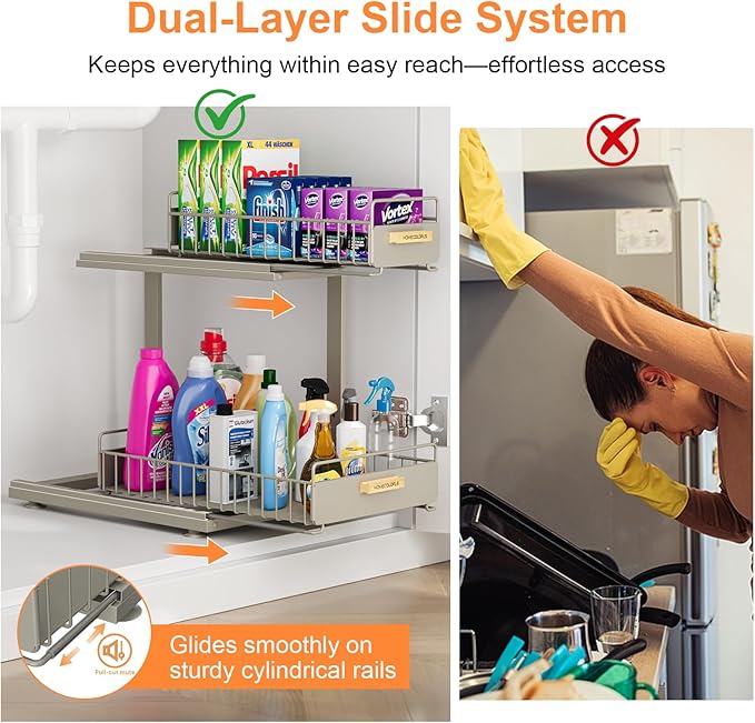 Under Sink Organizer, 2 Tier Pull Out Bathroom Cabinet Organizers and Storage L-Shaped,Multi-Purpose Metal Sliding Drawer Storage Shelf for Kitchen Bathroom, 1 Pack Grey