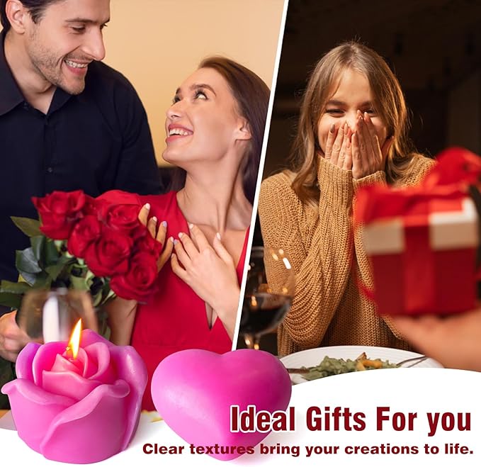 3D Rose & Heart Candle Molds, 2 Pcs Silicone Candle Molds for Candle Making,DIY Handmade Soaps, Flower Ice Cubes, Heart Chocolate, Valentine's Day Gift (Rose&Heart)