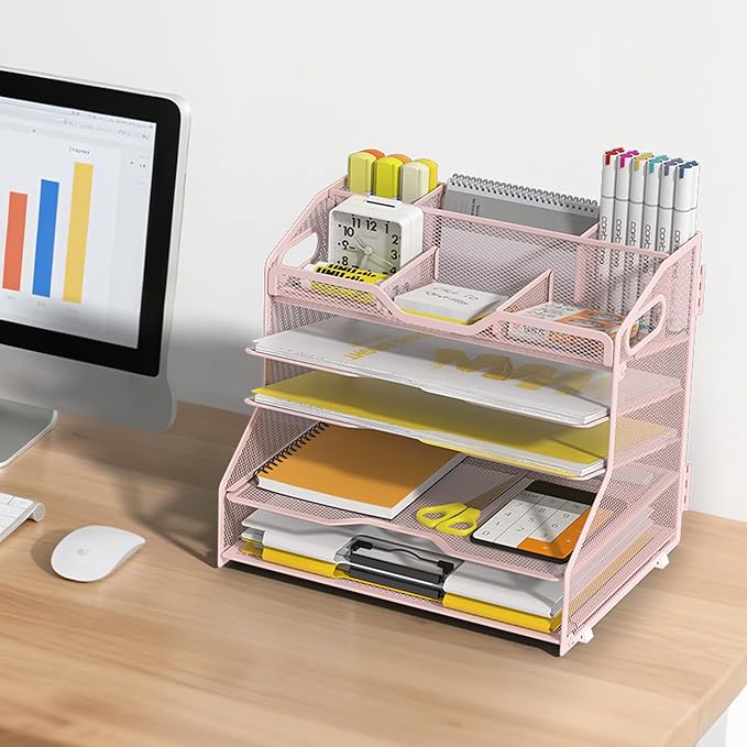 YINGHUA 5 Tier Paper Tray Letter Organizer with Top 6 Adjustable Compartments - Paper Sorter Office Desktop Accessories with Handles for Document,Mail,School Supplies Storage,Pink