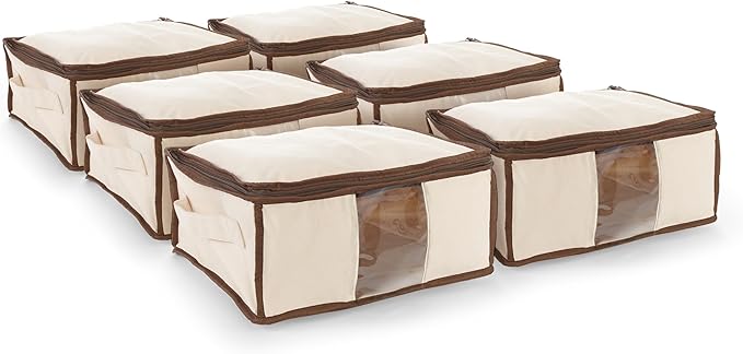 Covermates Canvas Storage Bag for Blankets, Clothes & Décor, 100% Cotton Breathable Fabric, Clear ID Window, Dual Zipper Closure, Carry Handles, Closet Organization, Natural