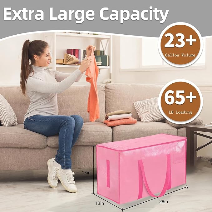 8 Pack-Extra Large Heavy Duty Moving Bags - Waterproof Storage Totes with Handles & Zippers, Foldable for College Dorm, Storage (Pink)