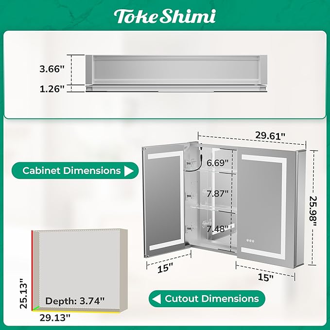 TokeShimi 30x26 Recessed Medicine Cabinet with Lights 3 Color Dimmable and Defogger, Led Medicine Cabinet Mirrored with Outlet Surface or Recessed, Bathroom Mirror with Storage Adjustable
