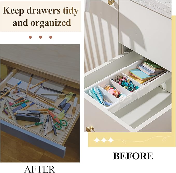 5 Pcs Expandable Drawer Organizer Bins Adjustable Deep Drawer Hanging Organizer Tray Expandable 11.4 to 18.1 Inches Plastic Dividers Storage for Office Bathroom Bedroom Kitchen Desk, White
