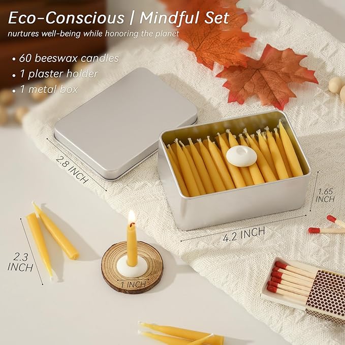 20 Minute 100% Pure Beeswax Candles, Mini Mindful Meditation Taper Candles, Smokeless & Dripless with Holder for Yoga, Prayer, Relaxation (Yellow,60 Pack)