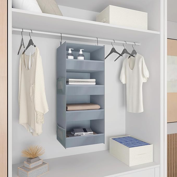 4-Shelf Hanging Closet Organizer and Storage Foldable Hanging Closet Shelves Front Lip Design Washable Hanging Storage, Gray