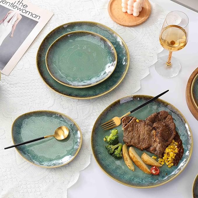 Henten Home Ceramic Appetizer Plates, 6.75 Inch Porcelain Dessert Plate, Cake, Snack Plates Set of 4, Salad Plate for Kitchen, Holiday Gifts, Dishwasher Safe (Green)
