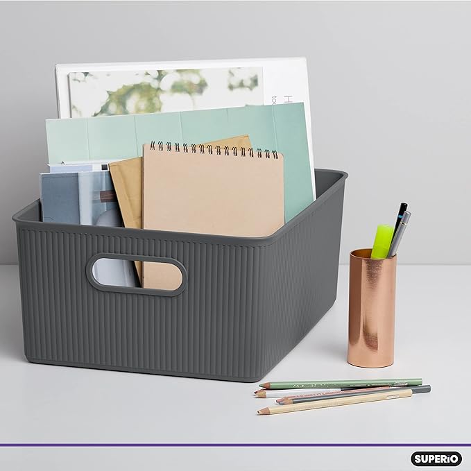 Superio Ribbed Collection - Decorative Plastic Basket Open Home Storage Bins Organizer, Large Grey (4 Pack) Container Boxes for Organizing Closet Storage Bins for Shelves 15 Liter/16 Quart