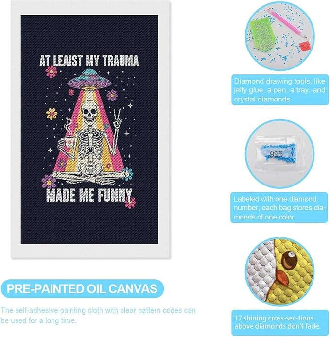 KIVJMSIDJA Skull Skeleton “At Least My Trauma Made Me Funny” Diamond Art Kits for Adults for Beginners, 5D Full Diamond Art Paint 12"x20"