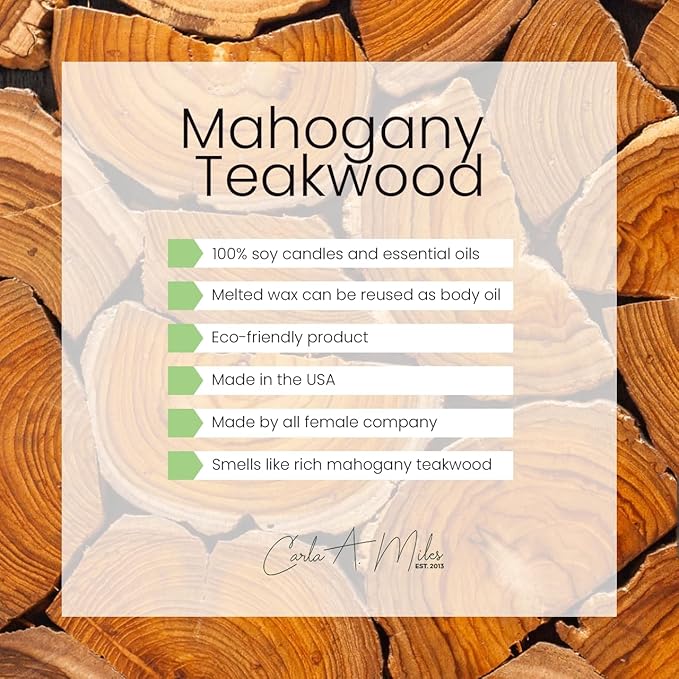 Organic Soy Wax Mahogany Teakwood Scented Vegan Candle | Rich Wood Aroma | 100% Pure Soy & Essential Oils | Long-Lasting Scent | Hand-Poured in The USA | Perfect for Aroma Therapy(16oz)
