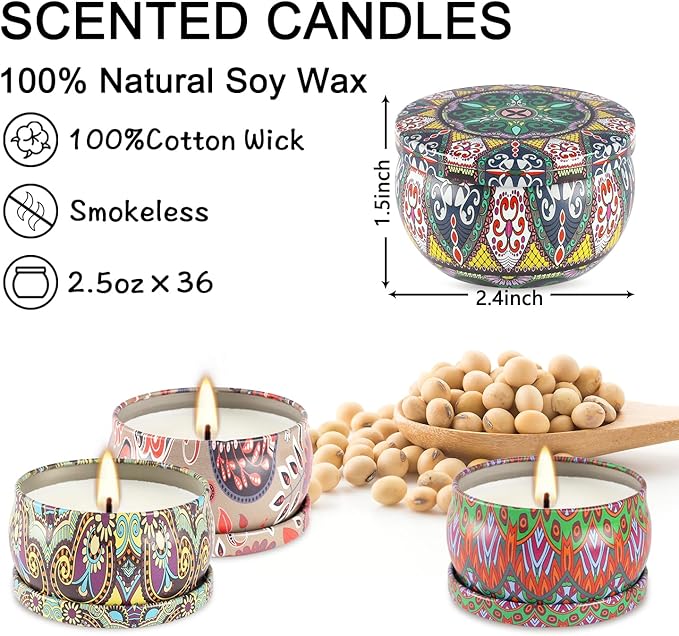Scented Candles 36 Pack Soy Wax Travel Tin Jar Candles for Home 2.5 OZ Scented Candles for Mom for Christmas, Birthday, Thanksgiving, Mother's Day