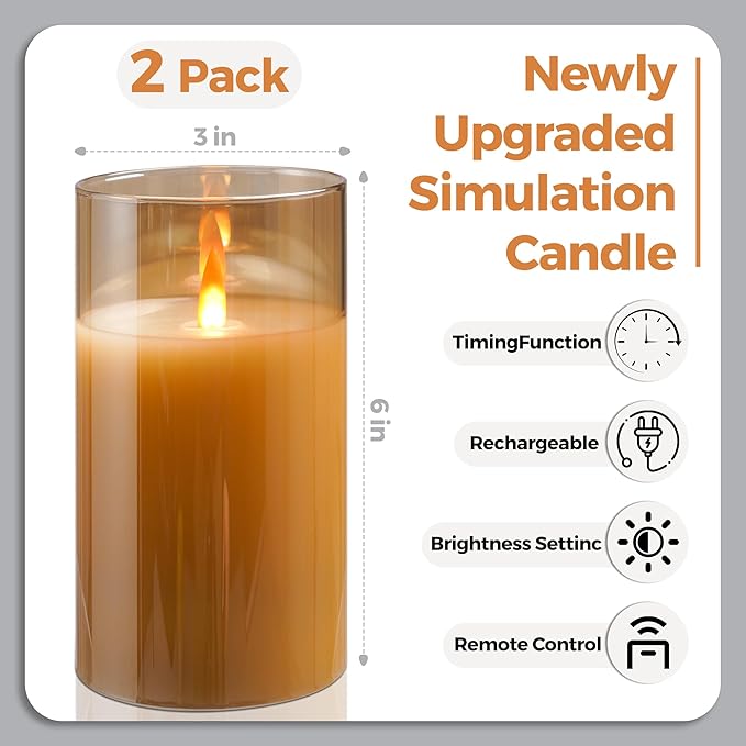 HaitanghuaRechargeable Candles, Remote Control Candles, with Remote Control, 2/4/6/8 Hour Timer Function, USB Rechargeable flameless Candles, Pillar Candles, Gold, 6 inches (2 Pack)