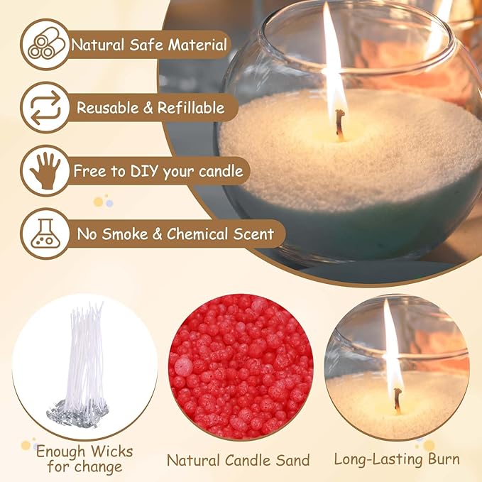 MECCANIXITY Pearled Sand Candles with 30 Pcs Wicks 14Oz / 400g Candle Beads Refillable Powder Sand Wax Making Kit for Thanksgiving Christmas Wedding Party DIY Home Crafts, Red