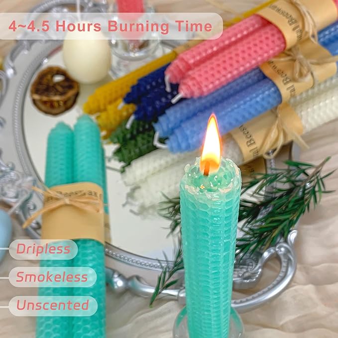 Lacaser Natural Beeswax Taper Candles Bulk Set,9" Long Candlesticks, Dripless & Unscented, 4 Hour Burn Time, Easter Taper Candles, 14 Pack